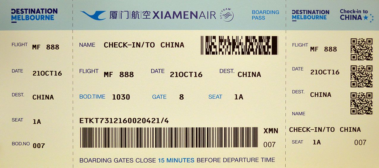 Giant Xiamen Air Boarding Pass - Novelty Cheques Direct