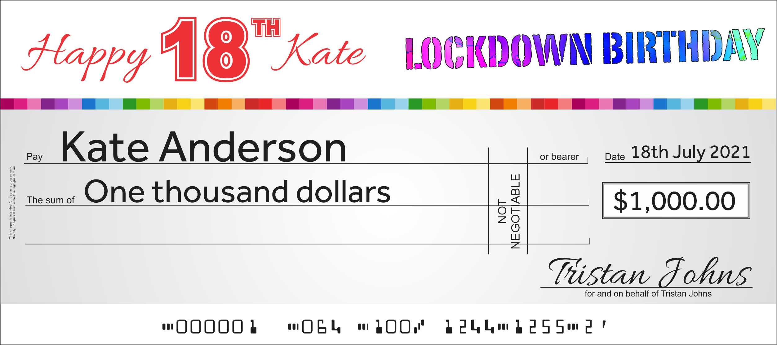 Giant Rigid Novelty Cheque - Novelty Cheques Direct